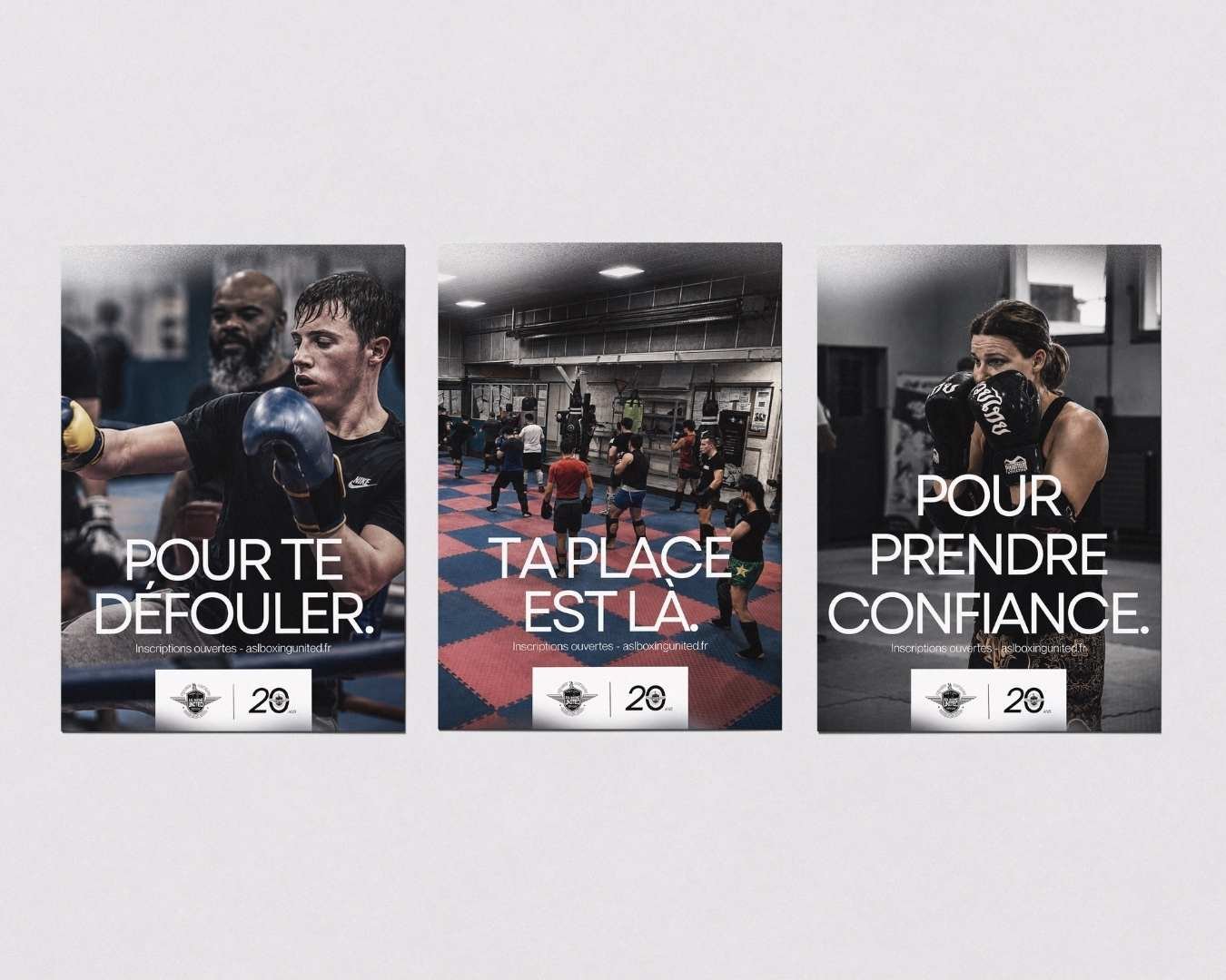 Affiches campagne inscriptions ASL Boxing United — pour te défouler, ta place est là, pour prendre confiance