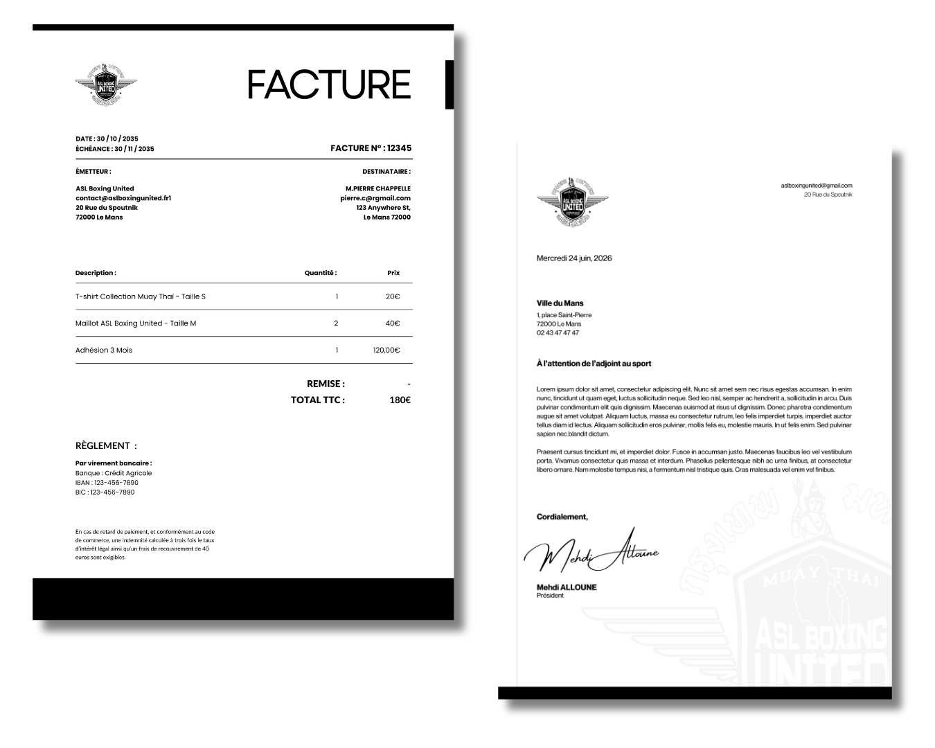 En-tête de lettre et modèle de facture ASL Boxing United